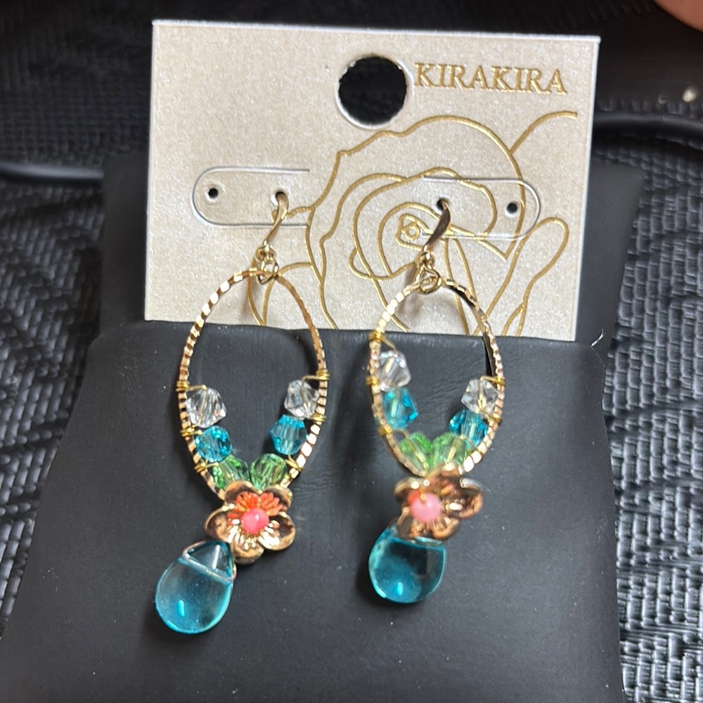 Gold and Teal Floral Earrings